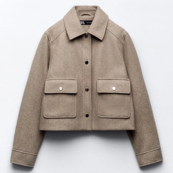 Zara Soft Camel Cropped Jacket Size L — Button Front with Flap Pockets - Picture 1 of 9